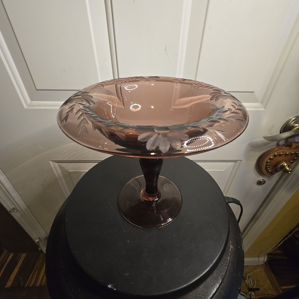 Antique Pairpoint Amethyst Glass Compote Wheel Cut Daisy Pattern Purple Glass